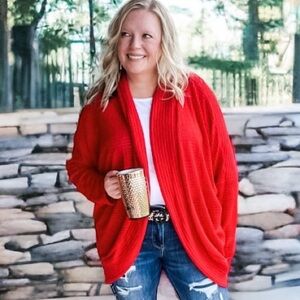 NEW! Women’s Oversized Red Waffled Knit Cardigan with Dolman Sleeves!